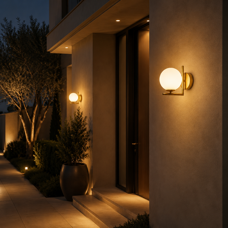 Modern house entrance at dusk with round wall lights illuminating the doorway, potted plants by the door, and a neatly landscaped path lined with shrubs and trees.