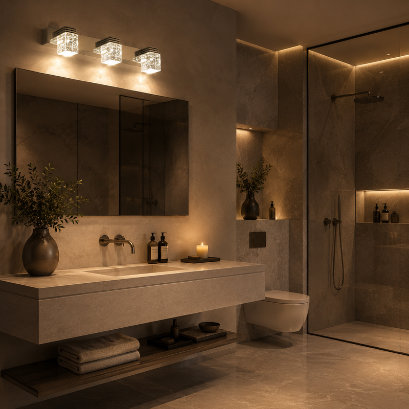 A modern bathroom with warm lighting, a large mirror, double sinks, a potted plant, toiletries, neatly folded towels, a glass-enclosed shower, and a wall-mounted toilet.