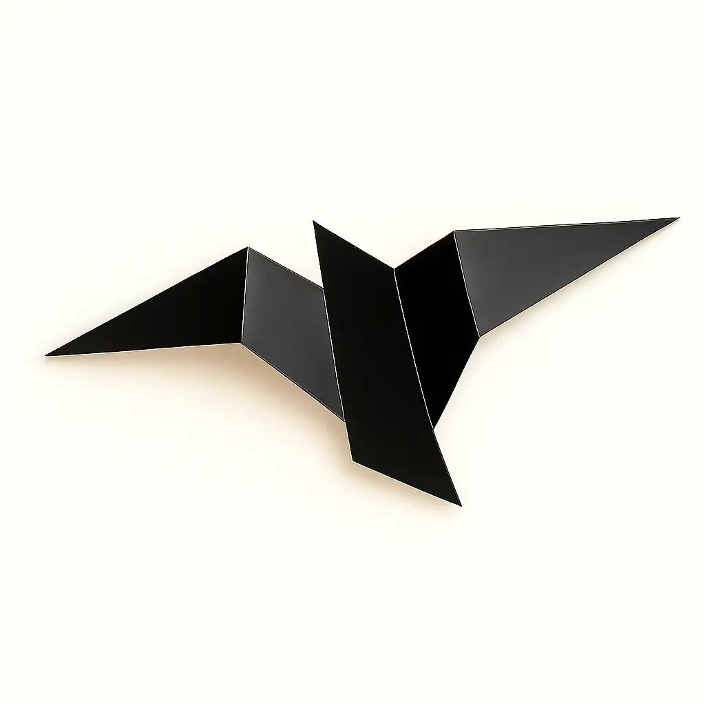 Modern LED wall light with minimalist black origami bird, radiating sleek, sharp illumination.