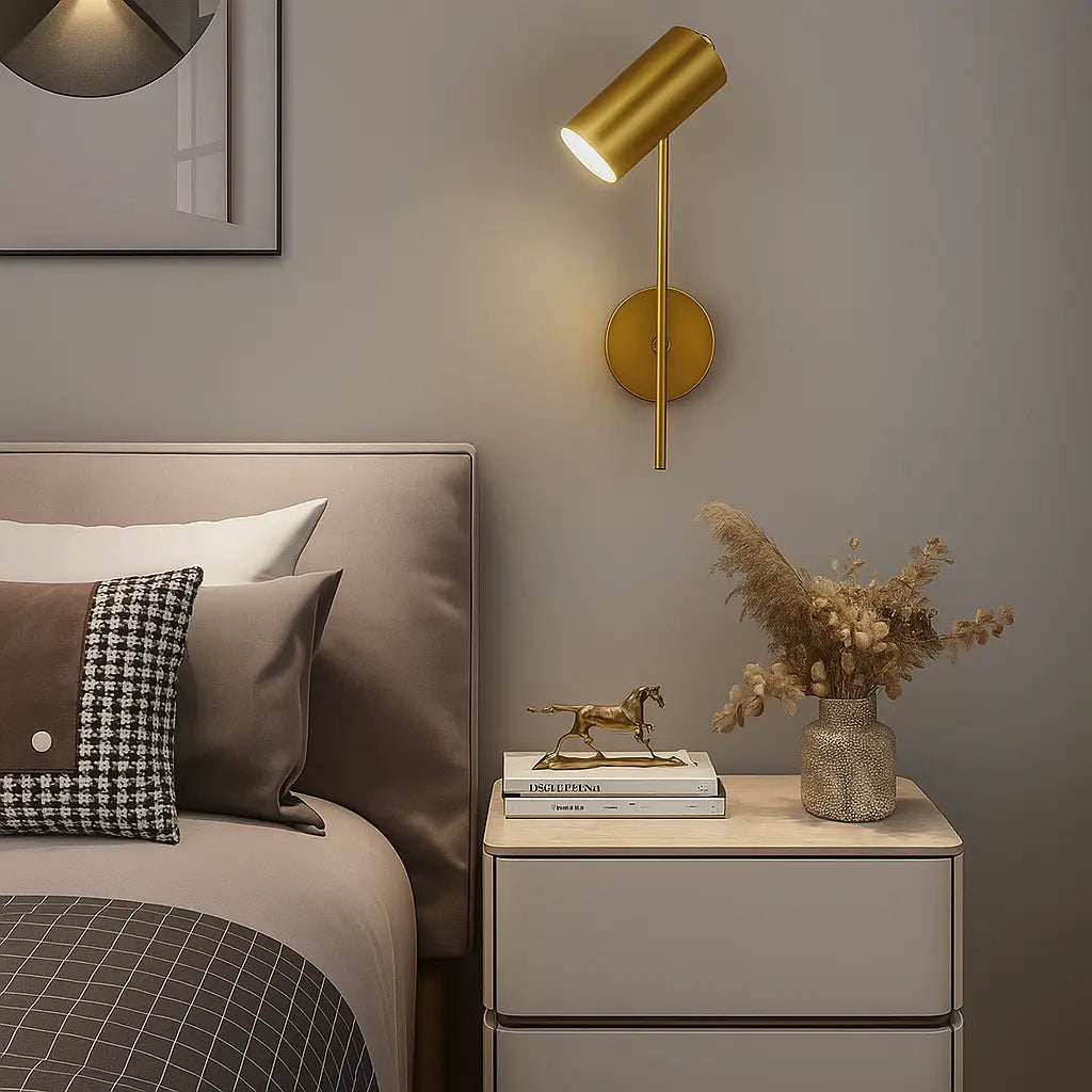 The LED gold wall sconce offers chic, adjustable lighting perfect for bedside reading.
