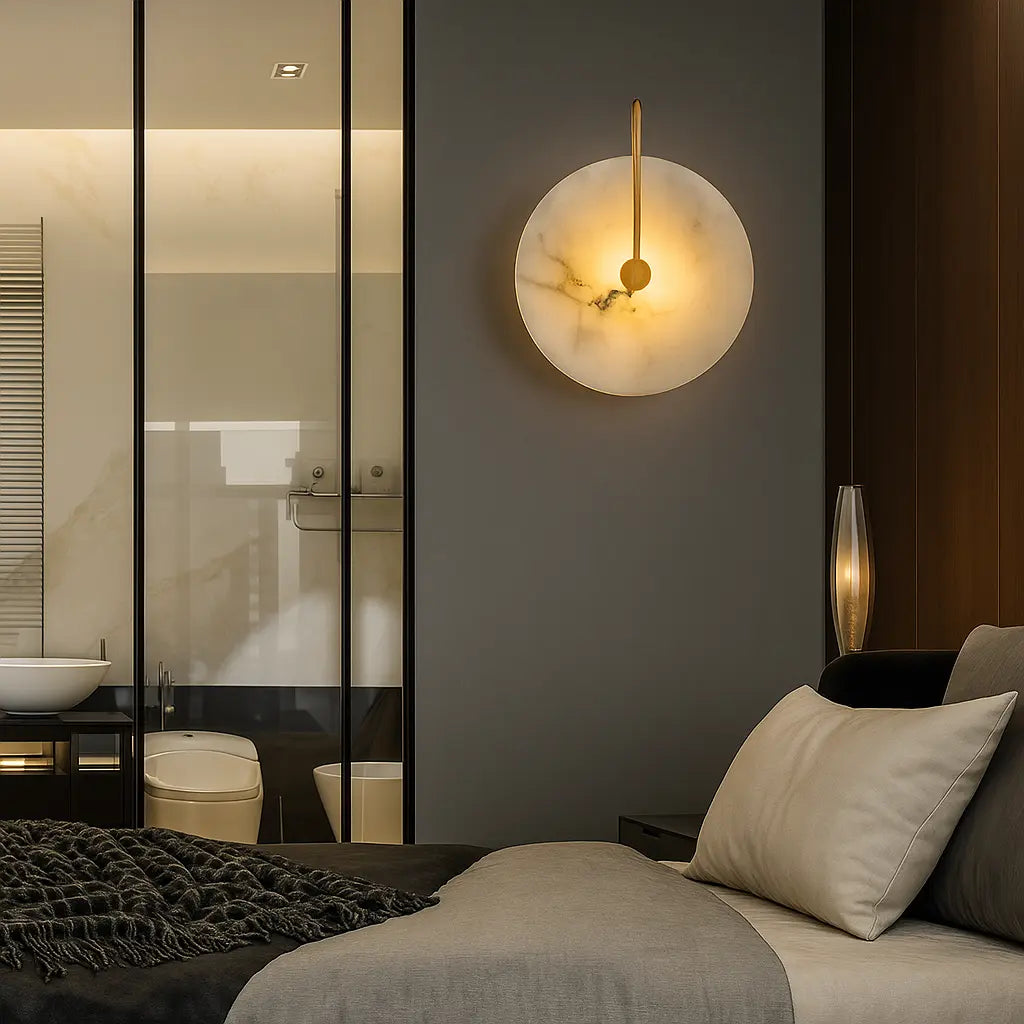 ORLUNE HOME’s Circular Gold Marble LED Wall Lamp casts elegant, warm illumination.