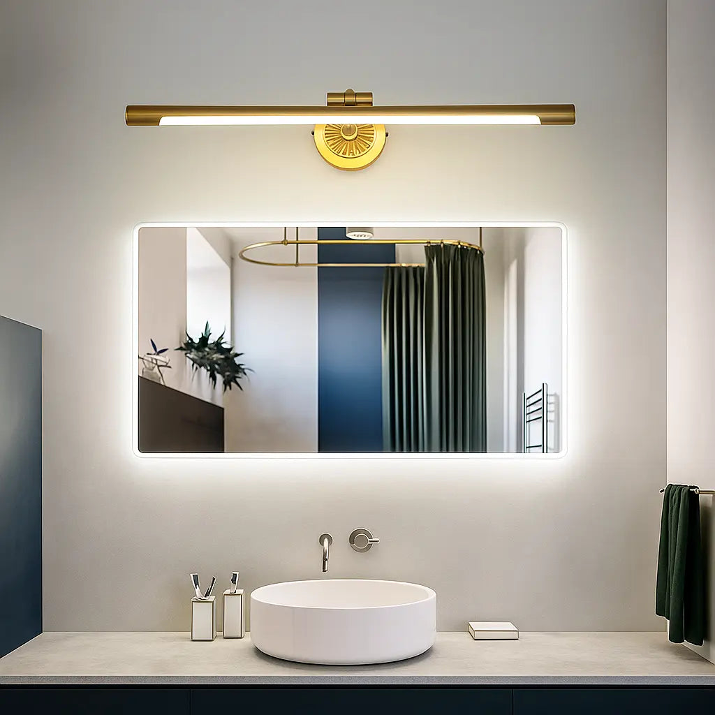 The ORLUNE HOME Retro Brass Gold Wall LED casts warm, modern light above the mirror.