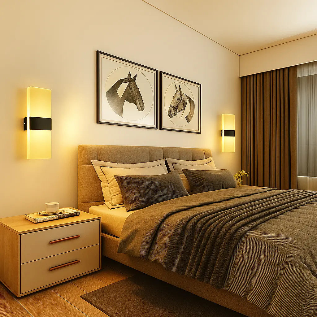The ORLUNE HOME Gold LED Wall Sconce casts elegant light over framed horse art.