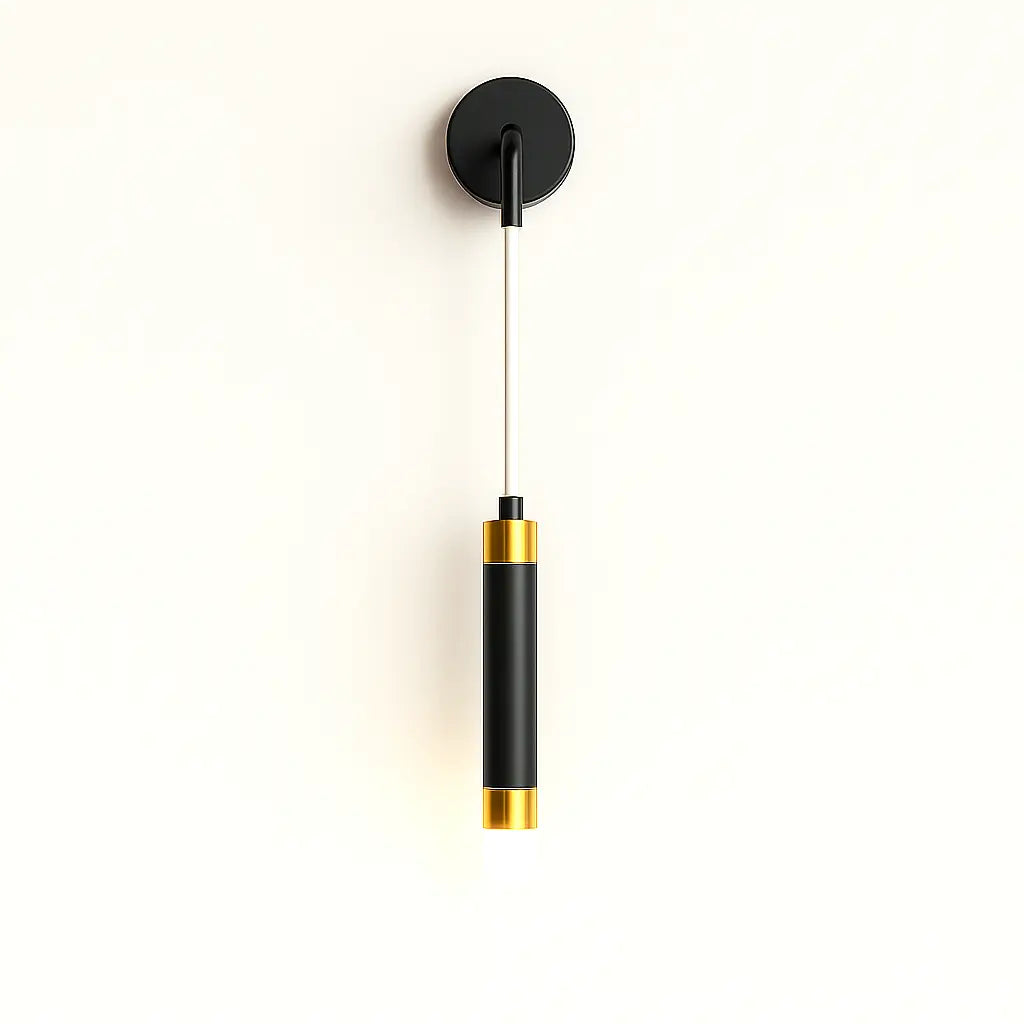 Sleek black and gold lighting, inspired by modern cylindrical LED designs, against white.