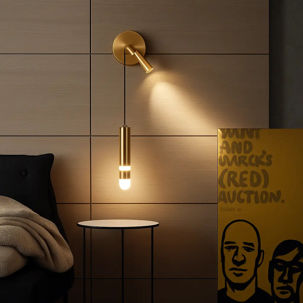 The ORLUNE HOME Gold LED Wall Light casts a warm, modern glow on wood paneling.
