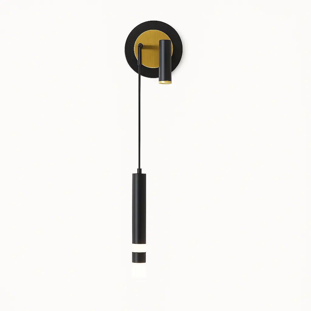 Sleek adjustable gold LED wall light delivers focused, modern illumination with dual suspended cylinders.